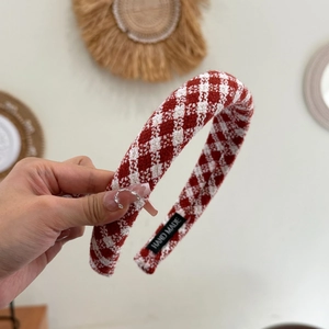 Handmade red and white plaid tweed headband with elegant textured knit for women