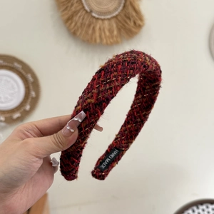 Handmade red plaid tweed headband with gold thread accent for Christmas hair styling