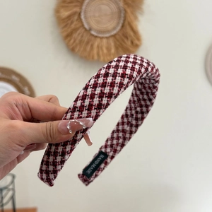 Red and black plaid tweed headband with gold thread and handmade label for women