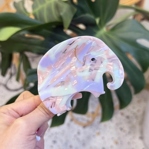 Handmade elephant hair claw clip with pink and mint green marble acetate pattern