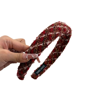 Handmade red plaid tweed headband with gold thread accents for women's hair styling