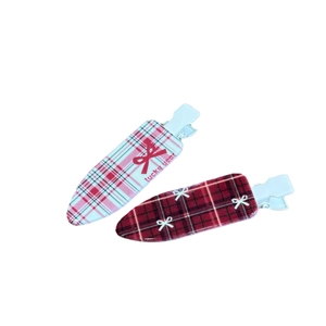 Plaid duckbill hair clips with Lucky text and red bow pattern for women