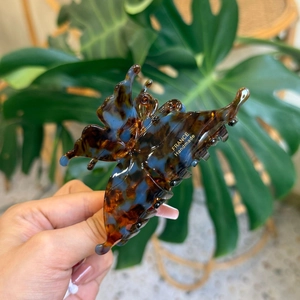 Vue détaillée de la pince à cheveux papillon colorée avec logo doré et texture acétate