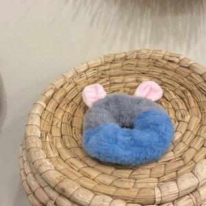 Cute fuzzy plush hair scrunchie with ears on a woven hat, grey and blue faux fur accessory