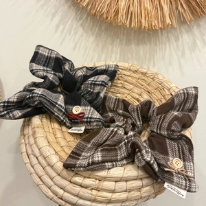 French vintage plaid fabric scrunchies with buttons and bows in brown and grey tones