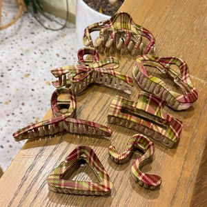 Vintage Tartan Plaid Hair Claw Clip For Women Red Green Checkered Hairclip Large Resin Acetate Geometric Hair Accessories