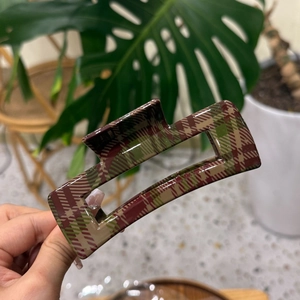 Classic green and brown plaid rectangular claw clip for thick hair styling