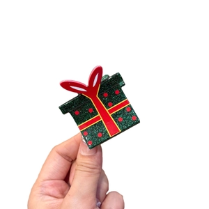 Pince à cheveux cadeau de Noël vert foncé scintillant avec nœud rouge et points