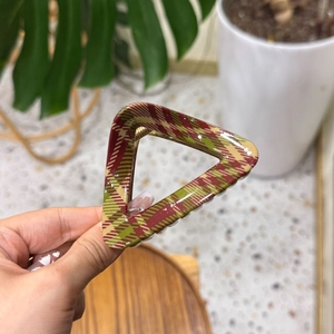 Elegant triangular hair claw clip with red and green plaid pattern for women styling