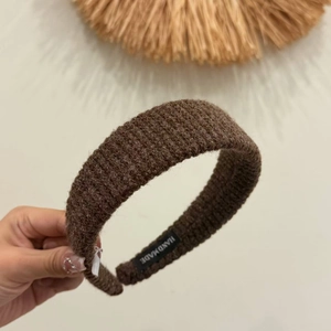 Deep coffee knitted headband with ribbed texture and handmade label for volume