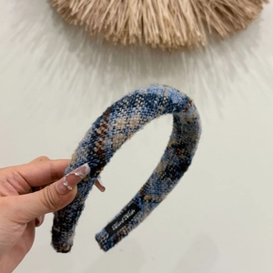 Classic blue and brown tweed thick padded headband for women with a warm retro style