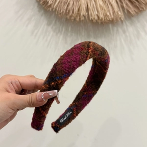 Retro plaid tweed thick sponge headband in brown, purple and orange woven fabric