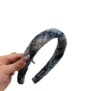 Handmade blue tweed plaid headband featuring a classic woven pattern and vintage style