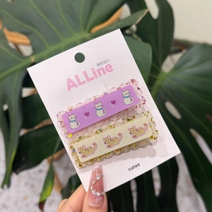 Barrettes à cheveux étincelantes à motif chat et cœur en résine violette et jaune