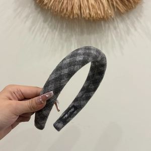 Winter vintage gray plaid woolen headband with padded design for a high top hair look