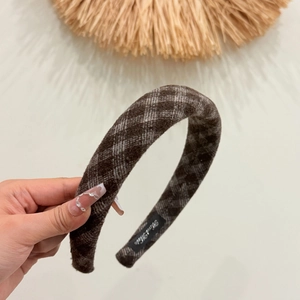 Winter plaid fabric headband in brown wool with vintage high crown style