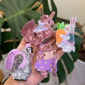 Cute Cartoon Animal Acetate Hair Claw Clips Small Squirrel Penguin Rabbit Bear Pearlescent Marble Shark Hair Clamps For Women Girls Hair Accessories