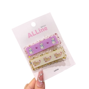 Barrettes à cheveux scintillantes en résine violette et beige avec motifs chat et cœur