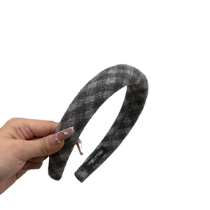 Winter gray plaid headband for women featuring vintage check pattern and high top design