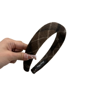 Braunes kariertes gepolstertes Stirnband aus hochwertigem Wollstoff im Vintage-Stil