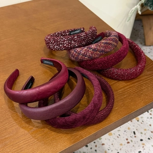 Vintage Burgundy Padded Headband For Women Handmade PU Leather Velvet Plaid Thickened High Cranial Top Hair Hoop Festive Hair Accessories