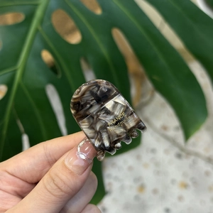 Detail of tortoise shell acetate hair clip with gold logo held against green leaves