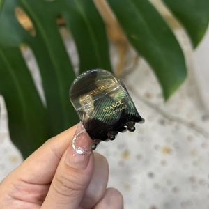 Close-up of small acetate hair clip with green leaf pattern and gold France label