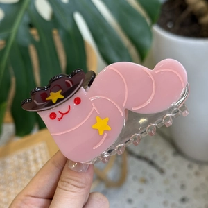 Pince à cheveux chenille en acétate rose avec motifs étoiles et petit chapeau pour femmes