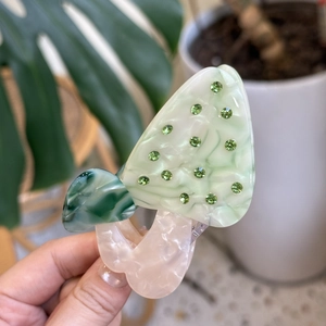 Mint green marble acetate mushroom hair claw clip with sparkling green rhinestones