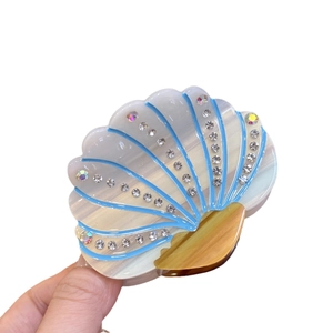 Pince à cheveux en acétate forme coquillage avec lignes bleues et strass pour femmes