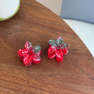 Pinces à cheveux fleurs rouge et vert à pois blancs, accessoires en résine tropicale