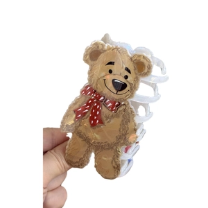 Cute acrylic teddy bear hair claw clip with red polka dot bow tie for women