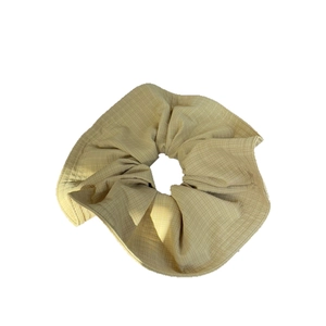 Minimalist soft cream checkered fabric scrunchie with pleated texture for women
