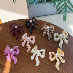 Elegant Acetate Bow Hair Claw Shark Clip With Imitation Artificial Pearl Ribbon Bowknot Hair Accessories For Women Daily Styling