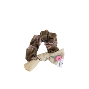 Pink and green plaid scrunchie with a cute bow knot and button detail for women