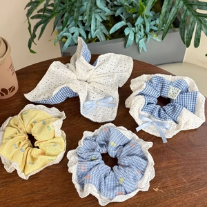 French Blue Gingham Lace Scrunchie With Bow Faux Artificial Pearl Sweet Floral Fabric Hair Tie For Women Daily Hair Accessories