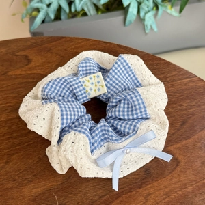 Blue plaid scrunchie with lace trim and bow knot pearl for women hair styling