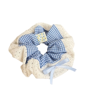 Blue plaid scrunchie with white lace edges, small floral patch and elegant pearl bow