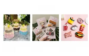 Detailed macro view of creative acetate hair clips shaped like cakes and fast food snacks