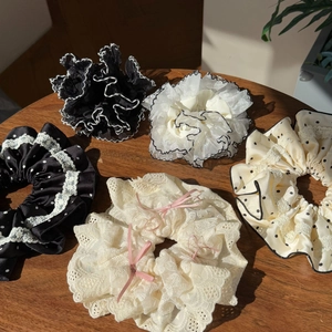 Handmade Sweet Lace Polka Dot Bow Scrunchies For Women Girls Floral Ruffle Large Hair Ties Fabric Satin Mesh Hair Accessories