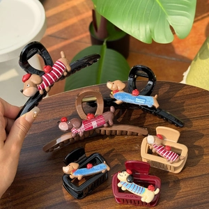 Cartoon Dachshund Dog Wearing Sweater Hair Claw Clip 3D Animal Stripe Pattern Plastic Hairpin For Women Daily Accessories