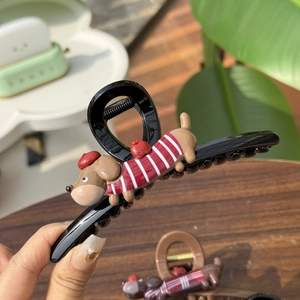 Cute cartoon dachshund dog hair claw clip with red striped shirt for hair styling