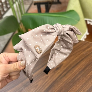 Serre-tête à pois avec grand nœud en tissu marron clair pour accessoire cheveux coréen
