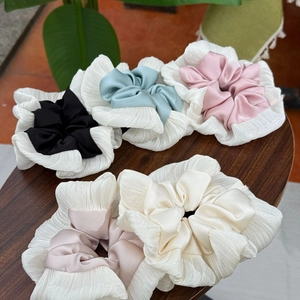 French Style Pleated Patchwork Puff Hair Scrunchie Chiffon Satin Feel Elegant Sweet Elastic Hair Band Women Hair Accessories