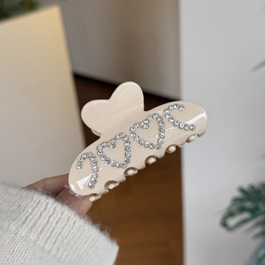 Beige acetate heart hair claw clip with rhinestone C patterns for women