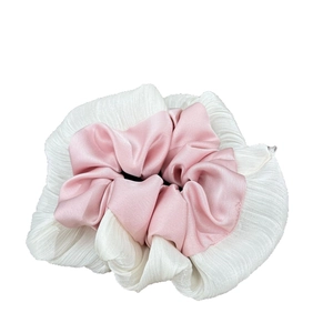 Elegant pink and white silk-like chiffon hair scrunchie with layered pleated texture