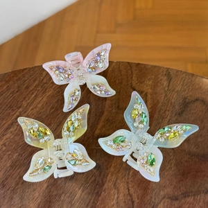 Elegant Butterfly Hair Claw Clip Rhinestone Acetate Iridescent Small Hair Accessory For Women Sweet Styling Hair Grip