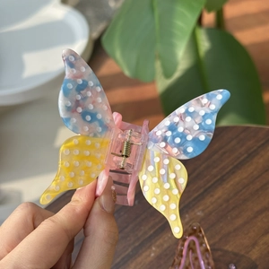 Pinza per capelli a farfalla in acetato a pois colori azzurro giallo e rosa