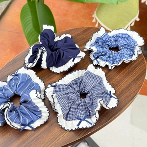 Blaue Stoff Scrunchies Mit Spitzenbesatz Schleife Plissiert Karriert Gestreift Haargummis Für Damen Süße Koreanische Stil Haarschmuck