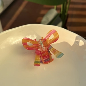 Détail d'une pince à cheveux papillon translucide avec des rayures irisées multicolores